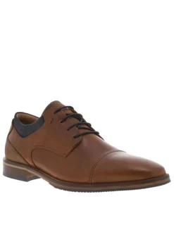 Derbies en cuir cognac à talon décroché bas et à lacets ronds bleus