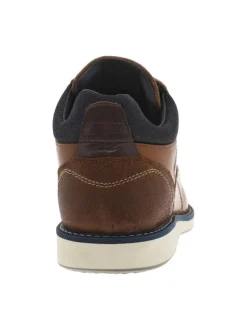 Derbies en cuir cognac à talon plat et à lacets ronds bleu marine