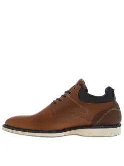 Derbies en cuir cognac à talon plat et à lacets ronds bleu marine