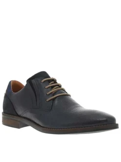 Derbies en cuir marine à bout droit avec un talon décroché bas