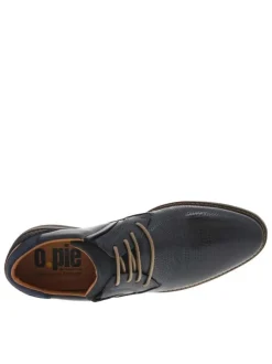 Derbies en cuir marine à bout droit avec un talon décroché bas