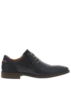 Derbies en cuir marine à bout droit avec un talon décroché bas