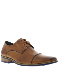 Derbies en cuir marron avec détails bleus un talon plat et lacets ronds