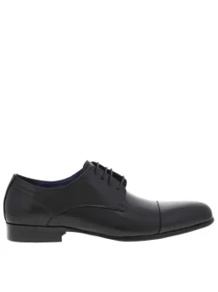 Derbies en cuir noires avec un talon décroché bas et des lacets ronds