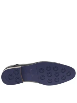 Derbies en cuir noires avec un talon décroché bas et des lacets ronds bleus