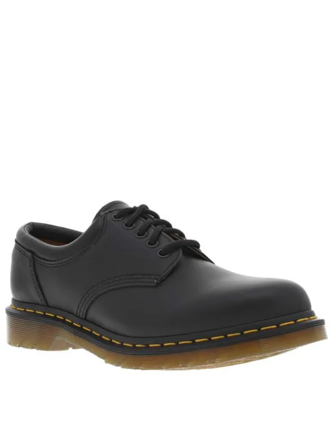 Derbies en cuir noires à talon décroché bas et avec surpiqûres jaunes