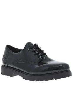 Derbies en cuir noir vernis à talon plat et fermeture à lacets ronds