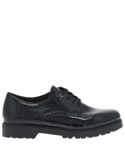 Derbies en cuir noir vernis à talon plat et fermeture à lacets ronds