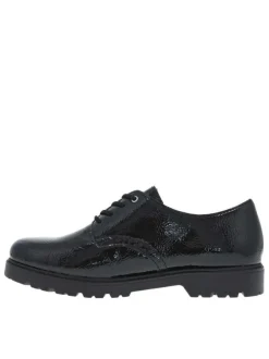 Derbies en cuir noir vernis à talon plat et fermeture à lacets ronds