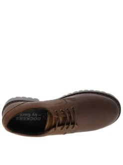 Derbies en cuir tan à talon décroché bas avec des lacets ronds