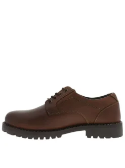 Derbies en cuir tan à talon décroché bas avec des lacets ronds