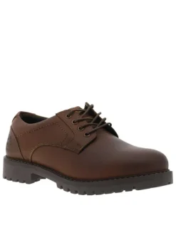 Derbies en cuir tan à talon décroché bas avec des lacets ronds