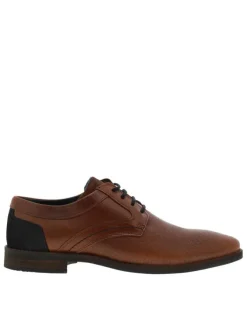 Derbies en cuir tan à talon décroché bas avec des lacets ronds