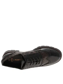 Derbies léopard avec empiècements marron vernis et semelle à talon décroché bas