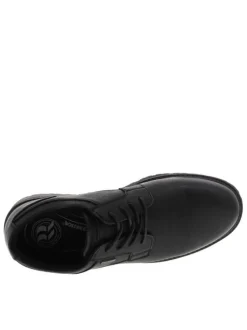 Derbies noires à talon plat avec des lacets plats et un logo métallique