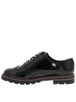 Derbies noires vernies avec semelle à talon décroché bas et lacets ronds