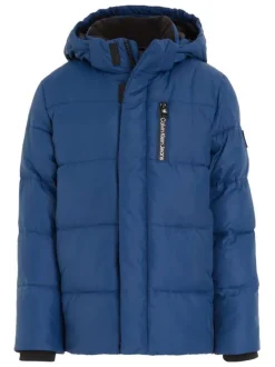 Doudoune à capuche bleue unie avec nom de la marque inscrit sur la poitrine