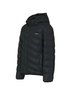 Doudoune à capuche détachable noire matelassée à coupe droite avec un patch