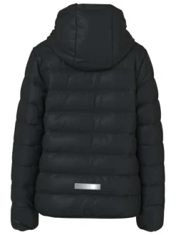 Doudoune à capuche détachable noire matelassée à coupe droite avec un patch