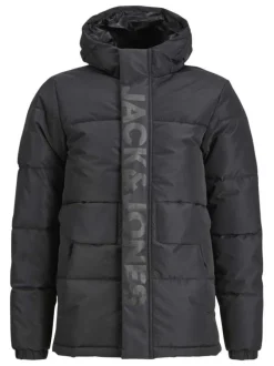 Doudoune à capuche noire matelassée à coupe droite avec imprimé nom de la marque