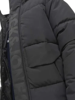 Doudoune à capuche noire matelassée à coupe droite avec imprimé nom de la marque