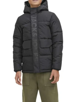 Doudoune à capuche noire matelassée à coupe droite avec imprimé nom de la marque
