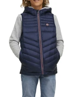 Doudoune marine unie coupe droite avec un col à capuche et un patch