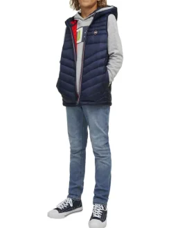 Doudoune marine unie coupe droite avec un col à capuche et un patch