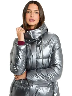 Doudoune à capuche longue argentée brillante matelassée à coupe droite