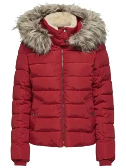 Doudoune à capuche rouge unie avec une coupe droite et des manches longues
