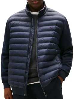 Doudoune en coton mélangé marine uni avec une coupe ajustée et un col montant