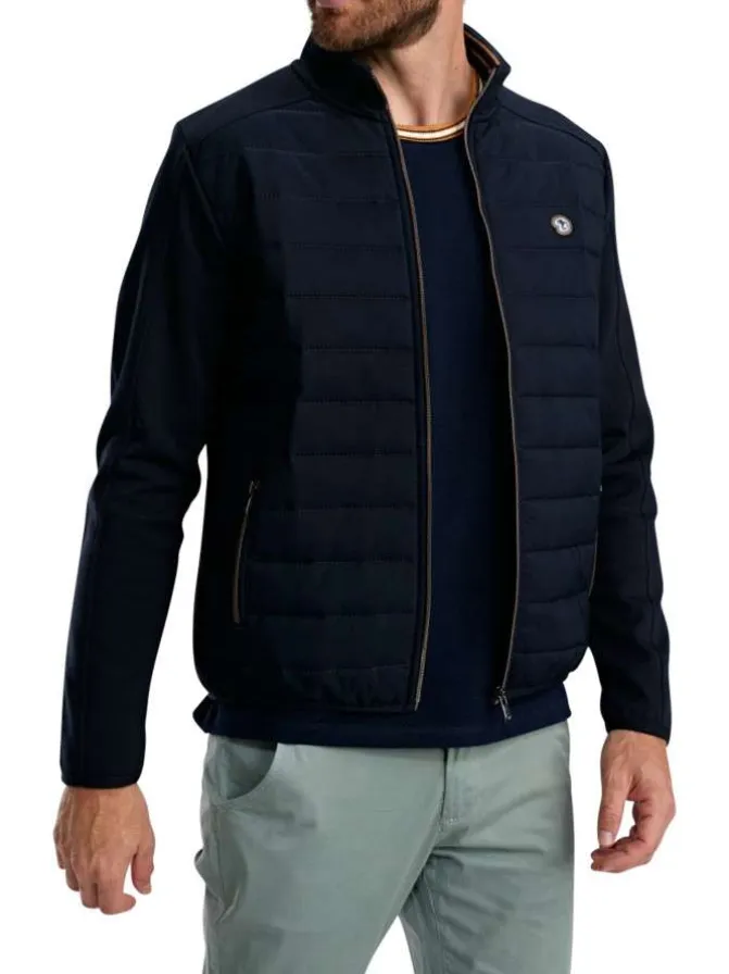 Doudoune en coton mélangé marine unie avec une coupe droite et un col montant