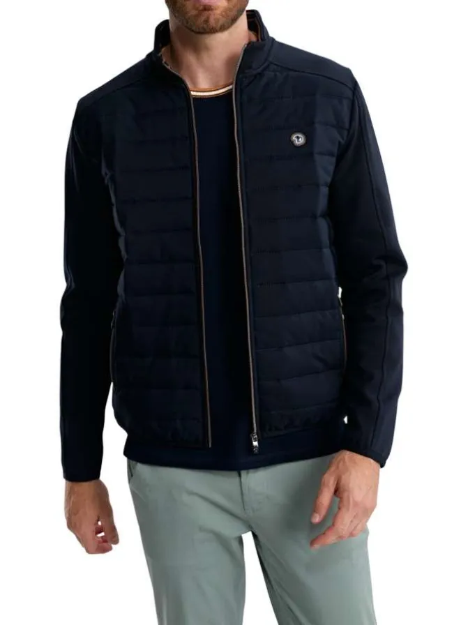 Doudoune en coton mélangé marine unie avec une coupe droite et un col montant