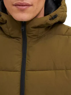 Doudoune kaki unie avec un col montant et à capuche fixe