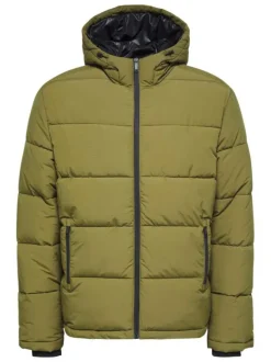 Doudoune kaki unie avec un col montant et à capuche fixe
