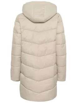 Doudoune longue beige matelassée à coupe droite avec un col montant à capuche