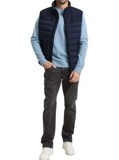 Doudoune marine uni avec une fermeture zippée et un col montant