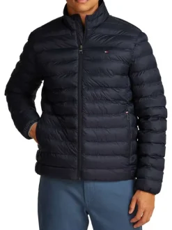 Doudoune marine unie droite à col montant avec fermeture zip et poches zippées