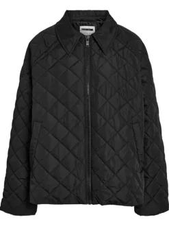 Doudoune noire unie avec une coupe droite, col à revers et matelassée à losanges