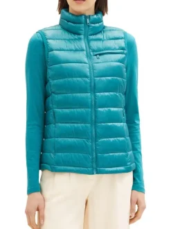 Doudoune sans manches en tissu satiné matelassé turquoise à col montant et zip