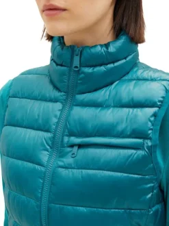 Doudoune sans manches en tissu satiné matelassé turquoise à col montant et zip