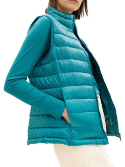 Doudoune sans manches en tissu satiné matelassé turquoise à col montant et zip
