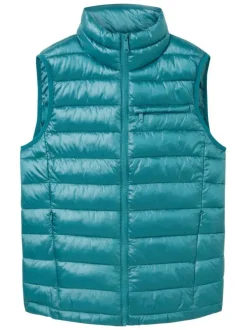 Doudoune sans manches en tissu satiné matelassé turquoise à col montant et zip
