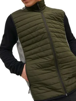 Doudoune sans manches kaki avec une coupe droite et une fermeture zipée