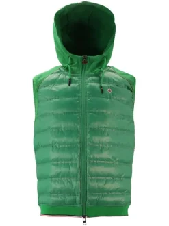 Doudoune verte sans manches en coton bi-matière coupe droite col à capuche