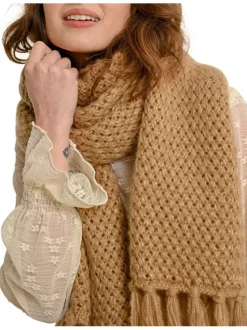 Echarpe beige unie en mailles croisées avec franges et fils en lurex