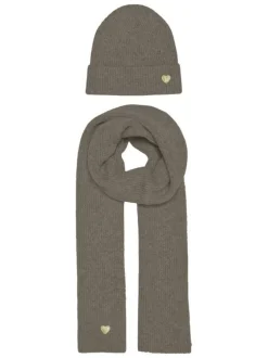 Echarpe coffret cadeau avec bonnet taupe uni et une petit cœur brodé