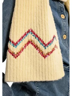 Echarpe écrue unie cotelée avec sequins multicolores en forme de vague