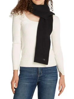 Echarpe en laine noire unie avec logo iconique sur le bas en métallique