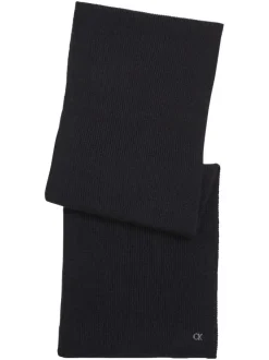 Echarpe en laine noire unie avec logo iconique sur le bas en métallique